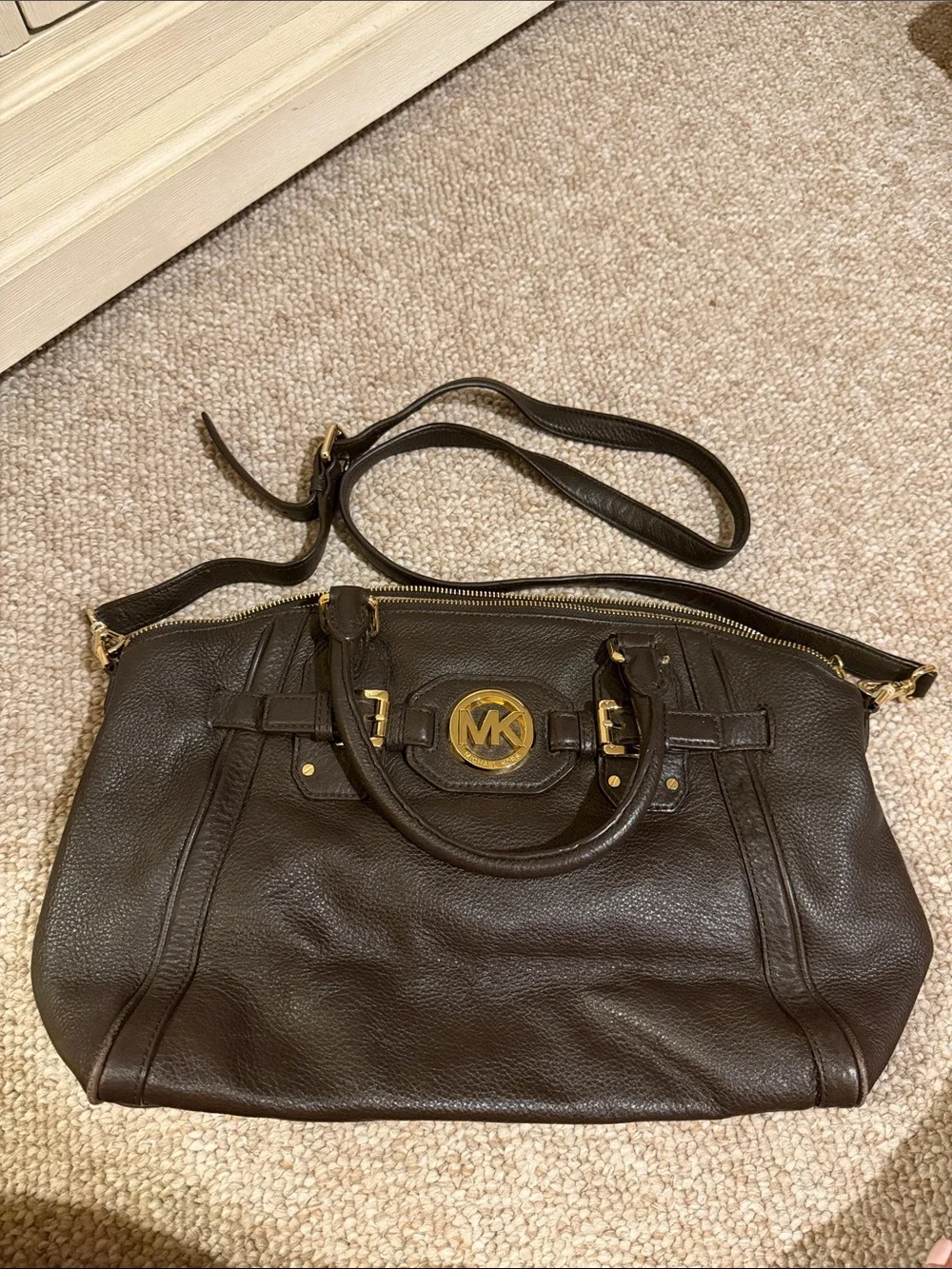 Michael Kors Dark Brown Pebbled Leather Shoulder Satchel with Gold Hardware